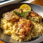 One Pot Lemon Rosemary Dijon Chicken and Butter Toasted Rice Pilaf. I