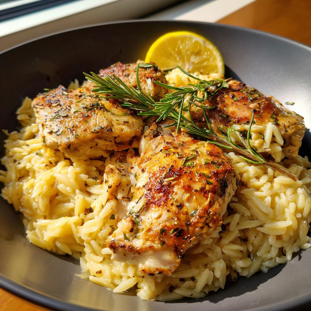 One Pot Lemon Rosemary Dijon Chicken and Butter Toasted Rice Pilaf. I