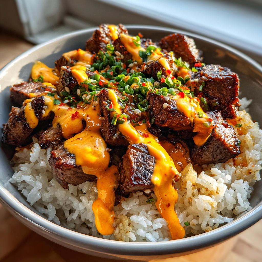Korean BBQ Steak Rice Bowls with Spicy Cream Sauce - detail 2