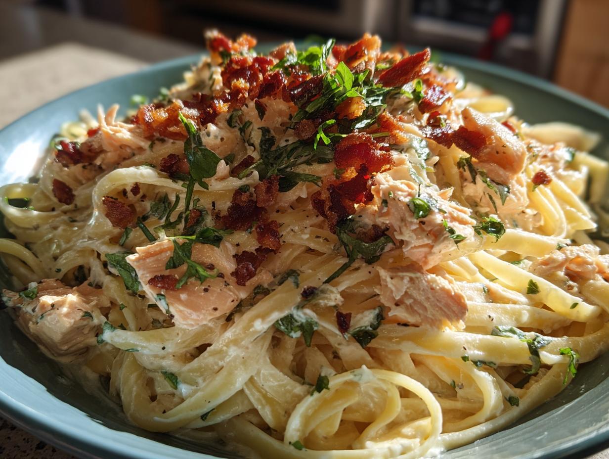 Salmon Fettuccine with Sour Cream Caesar Sauce