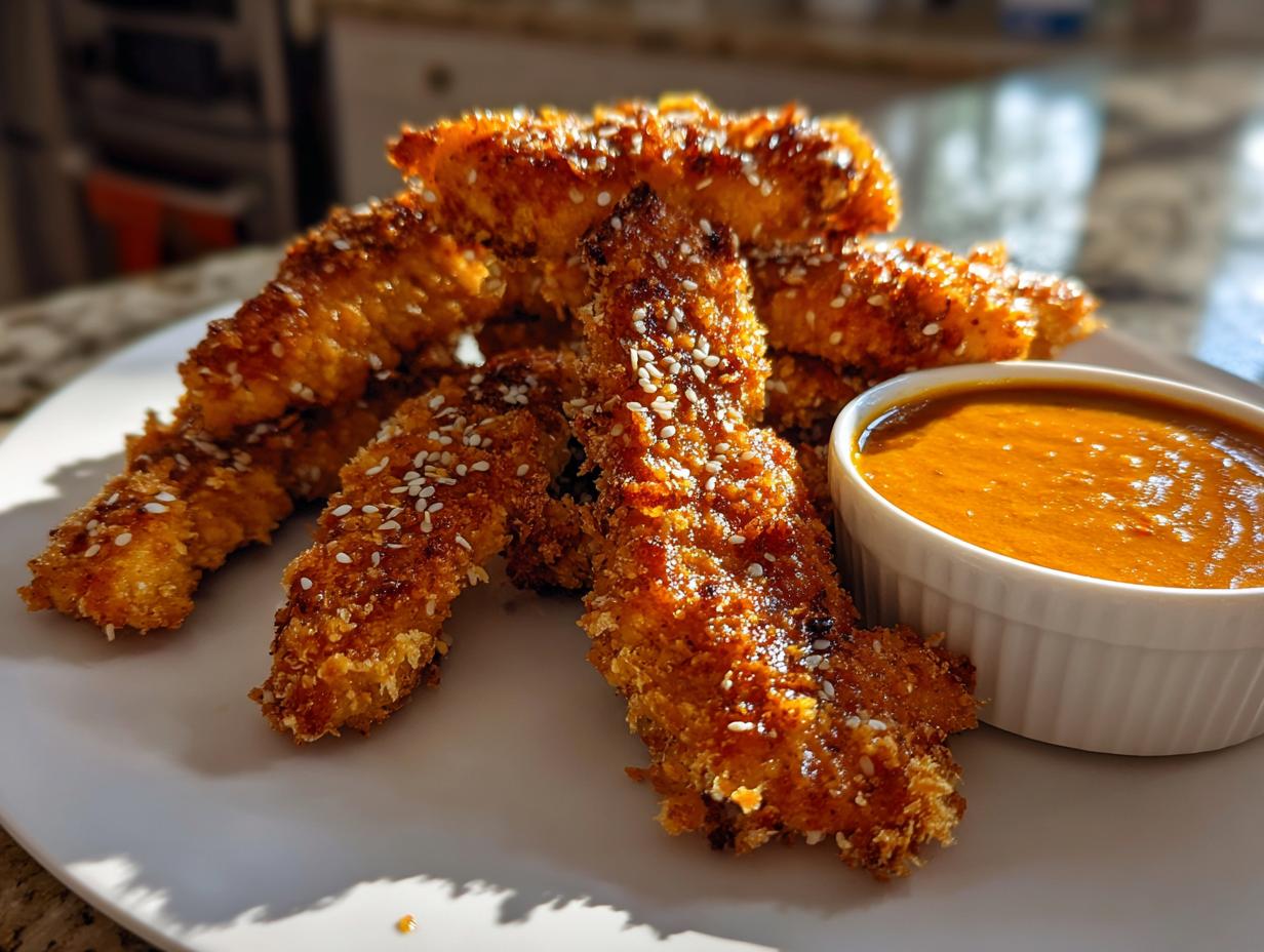 Crispy Sesame Chicken Fingers with Spicy Peanut Sauce