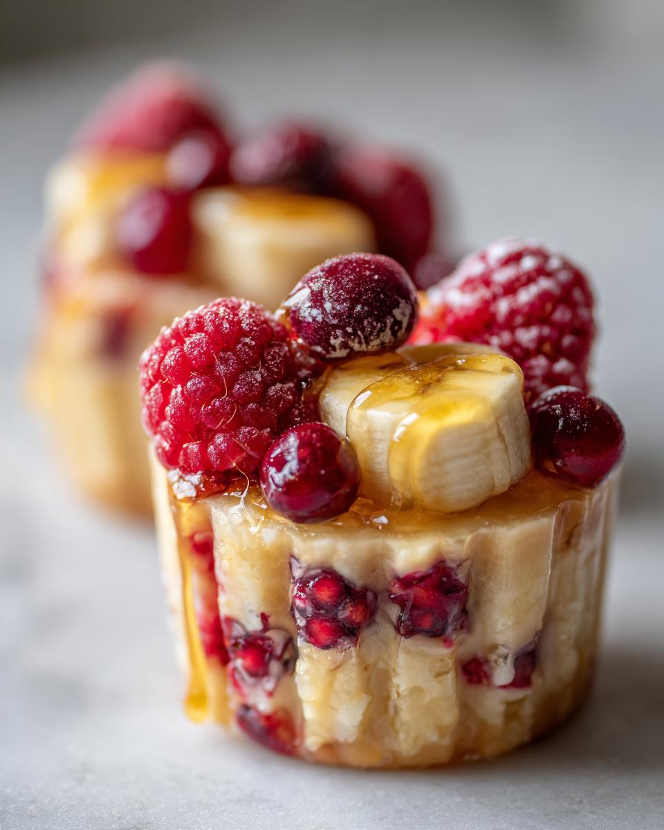 Handmade candy cup of banana split, raspberries, cranberries, decorated with honey - detail 1
