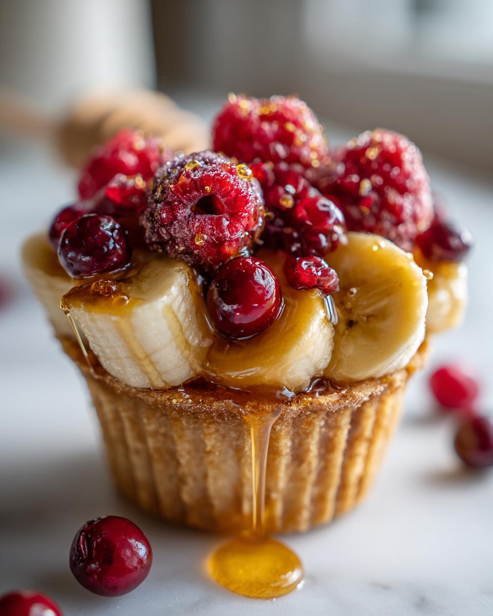 Handmade candy cup of banana split, raspberries, cranberries, decorated with honey - detail 2