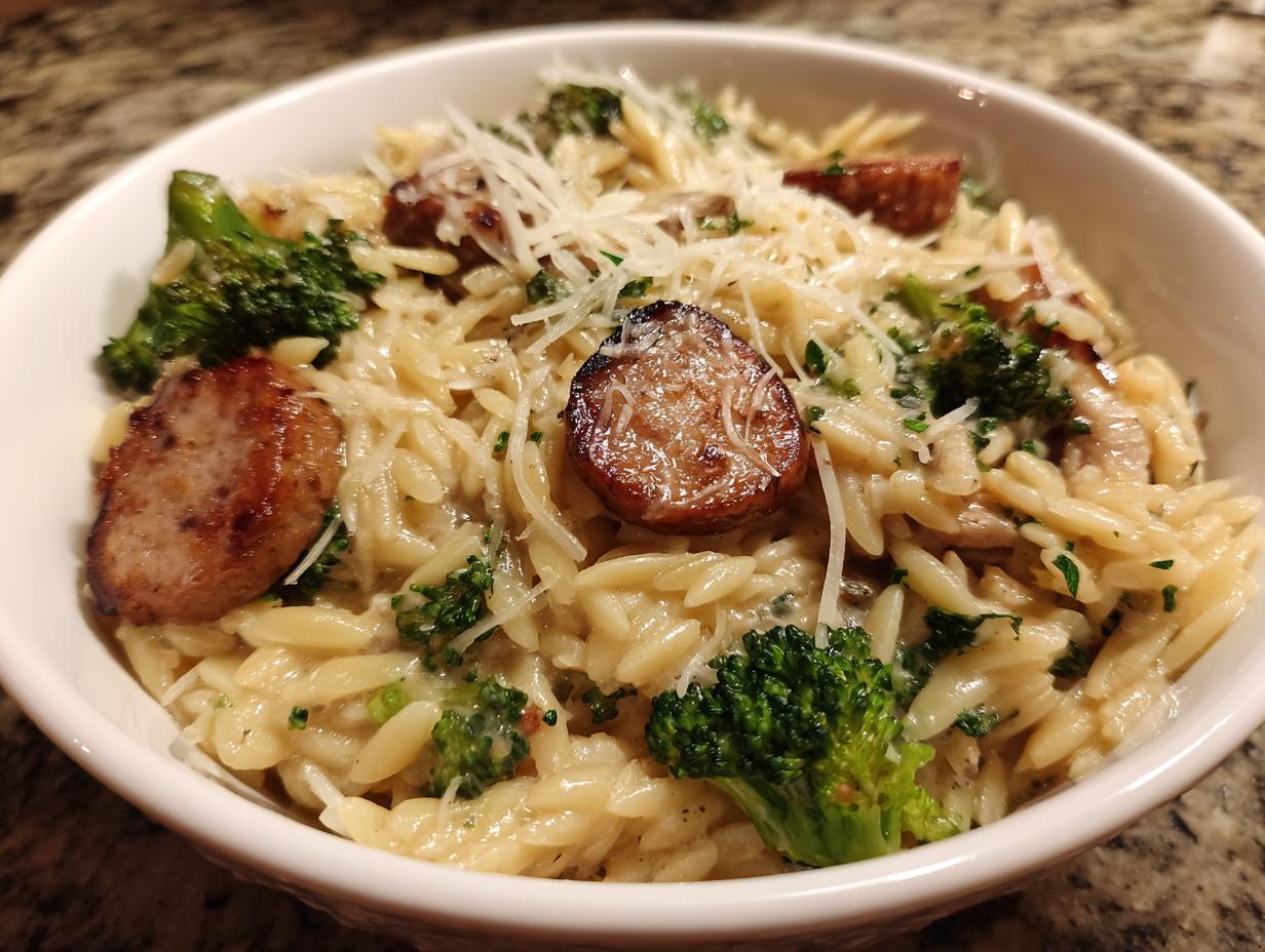chicken sausage and broccoli orzo